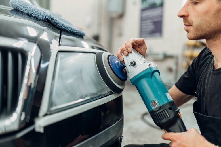 Detailing of car headlights with polishing machine